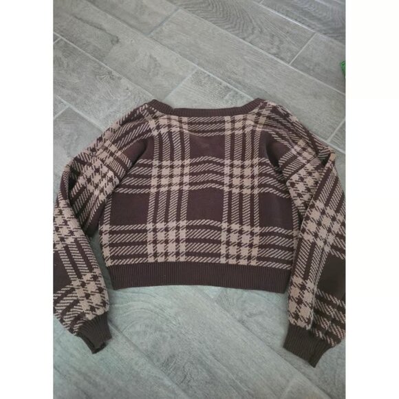 Hollister Brown Plaid Knit Cardigan Sweater Long Sleeve Button Front Women Large - Picture 2 of 3